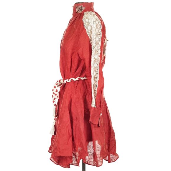 HILOS DE SOL Dalia Mexican embroidered linen lace belted red dress Size S M NEW - Picture 2 of 9